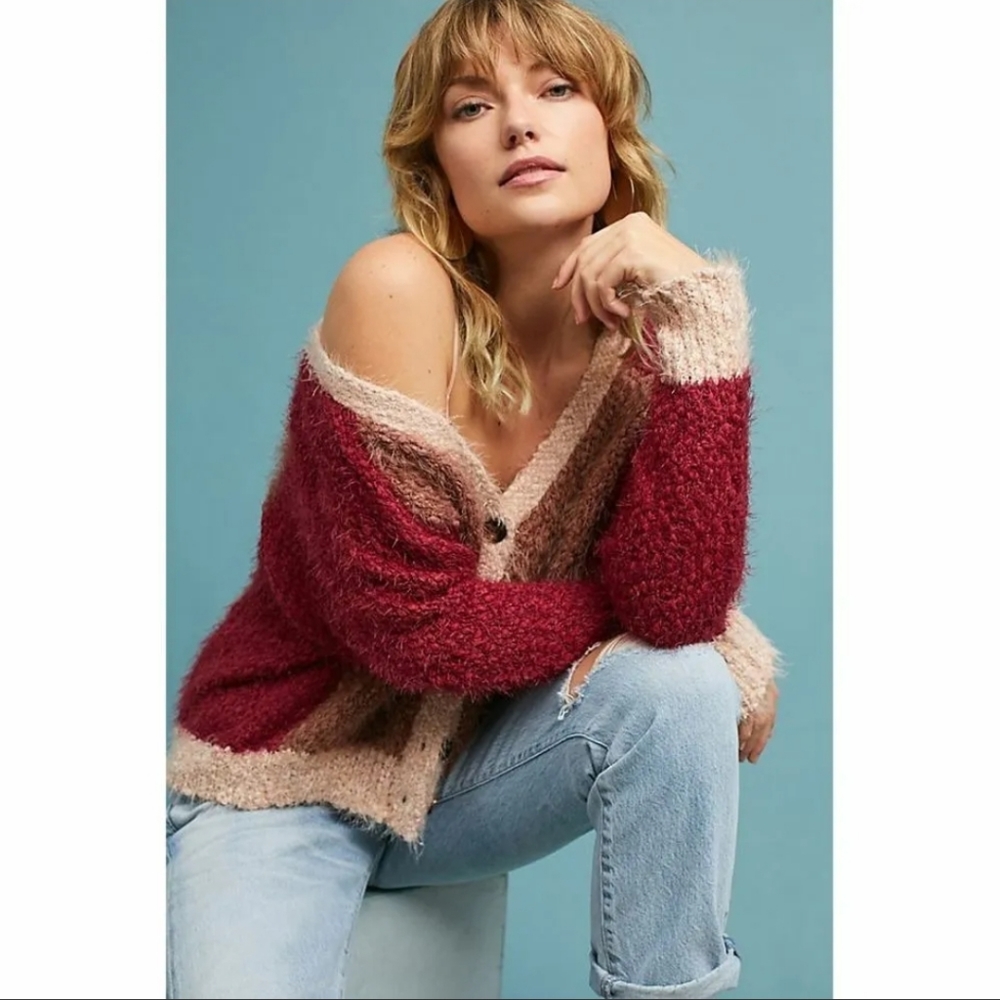 Euc Anthropologie- Fuzzy Soft Color Block Boyfrie… - image 1